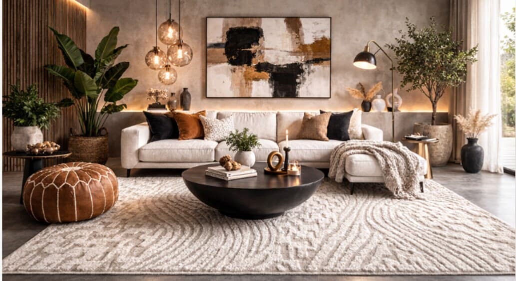 Modern living room styled with a COSMOS Carpets rug